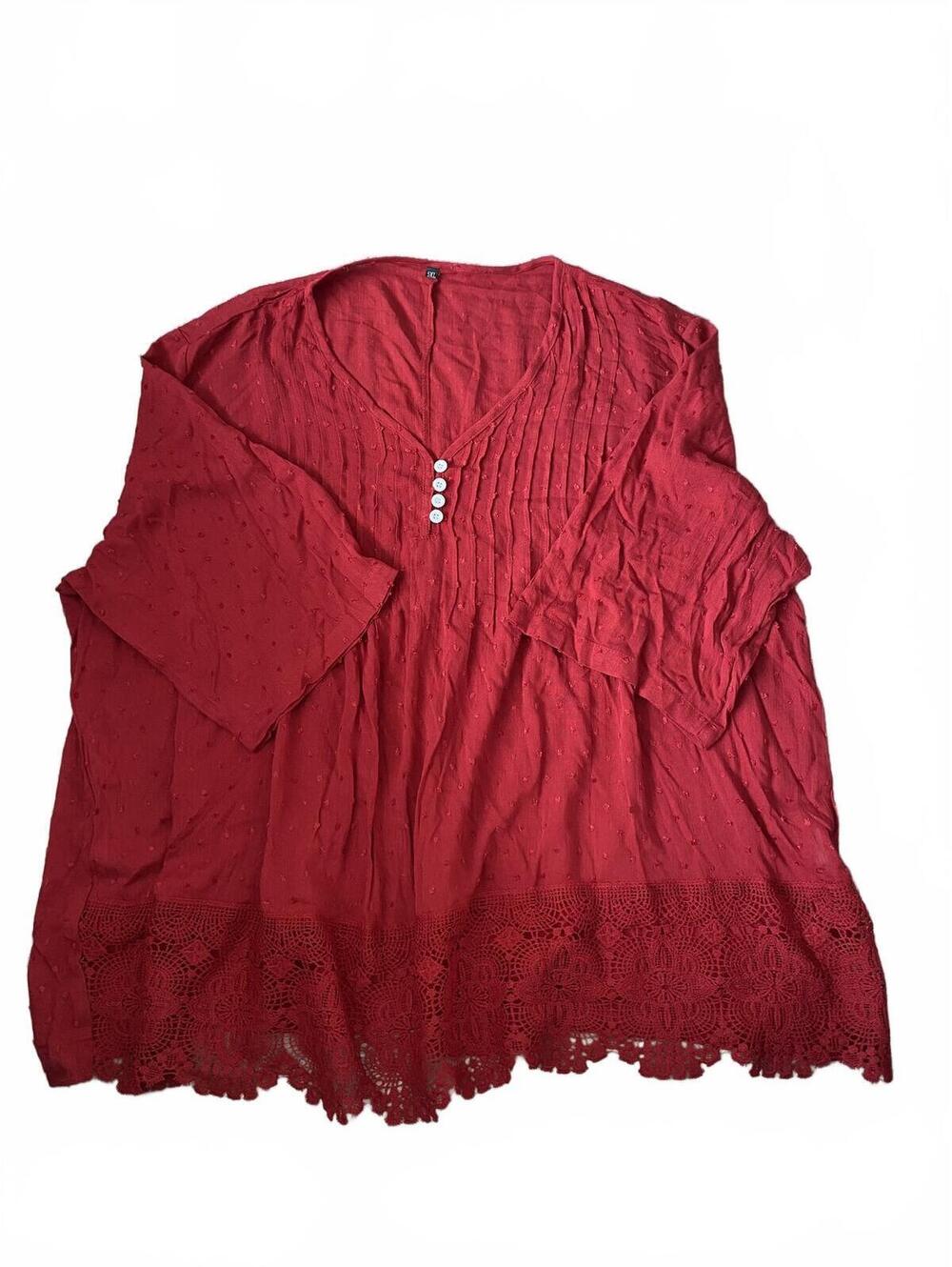 Rich Red Textured Pleated Blouse Lace Button Detail 3/4 Sleeves Size 5XL